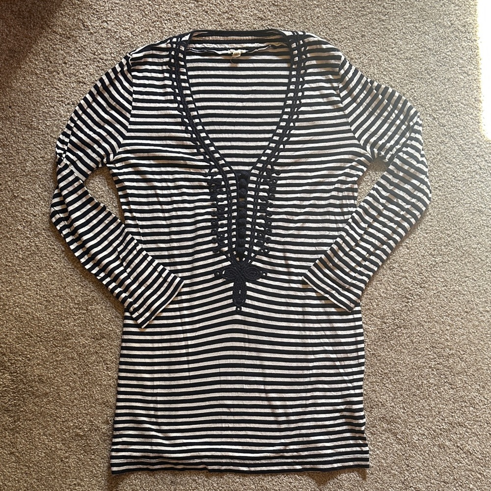 JCrew Navy and White Soft Jersey Striped Women's Top with Decorative Embroidery